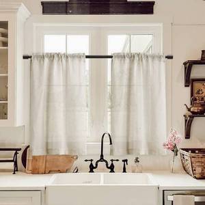lot 12568 image: Farmhouse Boho Short Semi Sheer Curtains 24 Inch Length for Kitchen Over Sink Bathroom Rod Pocket Linen Cream Ivory RV Camper Small Cafe Tier Curtains for Basement Door Half Window Natural 2 Panels