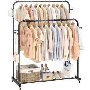 lot 12584 image: Laiensia Double Rods Garment Rack with Wheels, Clothing Rack for Hanging Clothes,4 Hooks, Multi-functional Bedroom Clothes Rack, Black