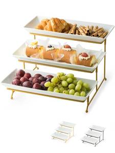 lot 12587 image: Cormomu 3 Tier Serving Tray, Serving Stand with Serving Dishes for Dessert Table Display Set, Ceramic Large Serving Platters for Entertraining, 14-inch (Gold Stand)