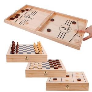 lot 12596 image: Juegoal 4-in-1 Wooden Fast Sling Puck Set for Kids and Adults, Chess, Checkers, Tic Tac Toe Games, Travel Portable Folding Tabletop Chess Board Game Sets, Interactive Families Toys