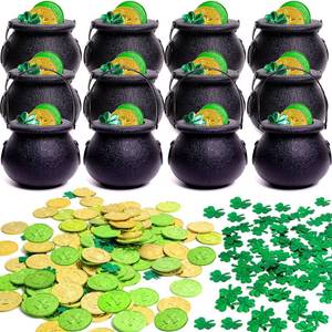 lot 12600 image: TURNMEON St Patricks Day Pot of Gold, 12 Candy Cauldrons Kettles with 120 Plastic Shamrocks Gold Coins 135 Shamrocks Confetti Party Decorations Supplies for Saint Patricks Day Table Home Indoor Decor