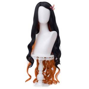 lot 12610 image: SL Wigs for Nezuko Cosplay Costume DS Anime Cosplay Long Curly Orange and Black Wigs with Cap