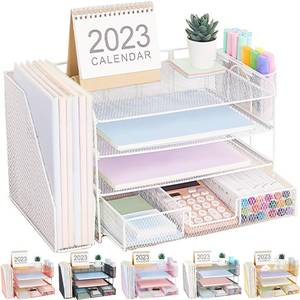 lot 12611 image: OPNICE Desk Organizers and Accessories, 4 Tier Tray Letter Paper Organizer with Vertical File Folder Holder Organizer, Desktop Organization and Desk Accessories for Office SuppliesWhite