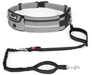 lot 12618 image: Pecute Hands Free Dog Leash with Pouch, Waist Belt Fanny Pack with Soft Padds, Dual Padded Handles and Durable Bungee for Walking, Hiking, Jogging Biking, and Running (Up to 220lbs)