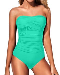 lot 12625 image: Yonique Womens Strapless One Piece Swimsuit Tummy Control Bandeau Bathing Suits Slimming Twist Front Swimwear Turquoise L