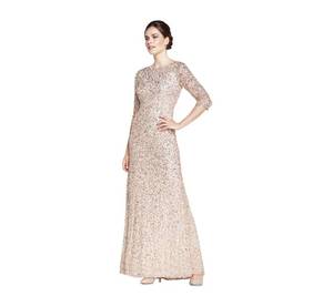 lot 12631 image: Adrianna Papell Womens 34 Sleeve Scoop Back Beaded Gown, ChampagneSilver, 14 - Retail $292.64