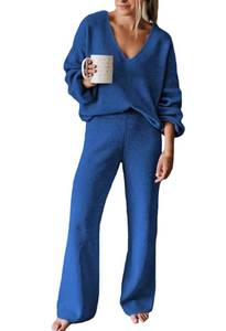 lot 12636 image: AOHITE Womens Knit Sweater Pajamas Set V-neck Pullover Tops Wide Leg Pants Sleepwear Loungewear Outfits Santorini Blue X-Large