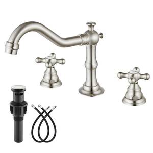lot 12647 image: gotonovo Bathroom Sink Faucet Widespread Brushed Nickel Double Mixing Tap Deck Mount Cross Knobs 3 Hole with Pop Up Drain