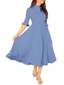 lot 12656 image: Verdusa Womens Elegant Ribbed Knit Bell Sleeve Fit and Flare Midi Dress Slate Blue S