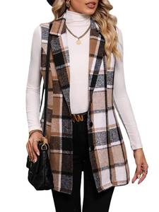 lot 12662 image: MakeMeChic Womens Plaid Vest Coat Casual Lapel Neck Button Front Sleeveless Blazer Jacket Outerwear Coffee Brown M