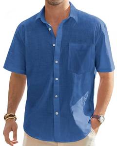 lot 12671 image: J.VER Mens Lightweight Linen Short Sleeve Shirts Casual Button Down Shirt Family Vacation Shirt with Pocket Denim Blue Medium