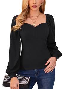 lot 12686 image: Womens Elegant Retro Blouse Bishop Long Sleeve Square Collar Shirt Slim Fit Tops Black S