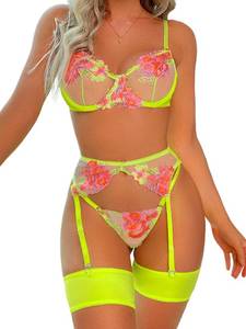lot 12688 image: Kaei&Shi Garter Lingerie for Women,Underwire Floral Embroidered Sheer Lace Lingerie,G-String Matching Thigh Bands 4 Piece Sexy Lingerie Set Petite Boudoir Fluorescent Green Small
