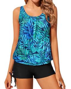 lot 12696 image: Yonique Blouson Tankini Swimsuits for Women Two Piece Bathing Suits Tops with Boyshorts Modest Loose Fit Swimwear Green Leaf M