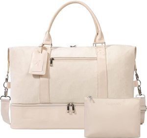 lot 12700 image: Womens weekend bag, travel overnight bag, canvas travel bag, shoe compartment travel bag, very suitable for travelgift (beige)
