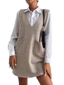 lot 12702 image: OYOANGLE Womens V Neck Sleeveless Knitted Solid Short Sweater Dress with Pockets Khaki M