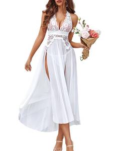 lot 12718 image: Avidlove Bridal Lingerie Women Lingerie Deep V Neck Nightwear One Piece Sexy Nightgowns Mosaic Lace Mesh Dress White S