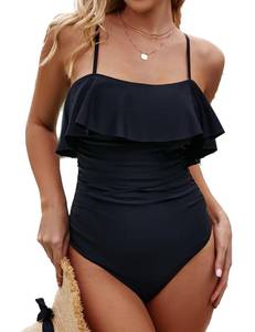 lot 12720 image: VIMPUNEC Ruffle Tummy Control Swimsuits for Women Ruched Cutout One Piece Swimsuit Lace Up Elegant Bathing Suit Black L