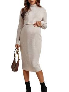 lot 12738 image: Verdusa Womens Maternity Nursing Turtle Neck Long Sleeve Midi Bodycon Dress Apricot M