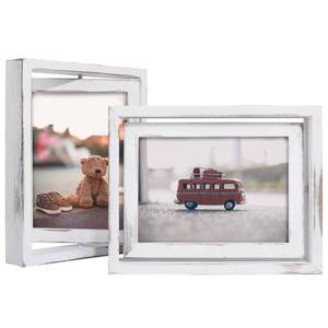 lot 12754 image: Egofine 2 Pack 5x7 Rotating Floating Picture Frames,Double-Sided Display with HD Glass Front Wooden Distressed Frame for Vertical or Horizontal Tabletop Display, White