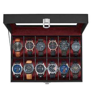 lot 12756 image: SONGMICS Watch Box, 12-Slot Watch Case with Large Glass Lid, Removable Watch Pillows, Watch Box Organizer, Fathers Day Gifts, Black Synthetic Leather, Wine Red Lining UJWB120R01