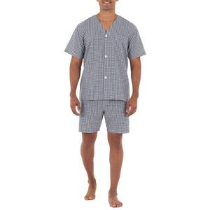 lot 12764 image: Fruit of the Loom Mens Broadcloth Short Sleeve Pajama Set, NavyWhite Check, Large