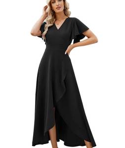 lot 12795 image: ZZV Wedding Guest Dresses for Women 2024 Gowns Evening Party Cocktail Dress,Long Split Elegant V Neck Wrap Ruffle Wedding Guest Dresses Black-XL