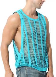 lot 12799 image: MIZOK Mens Fishnet Mesh Tank Tops Sexy See Through Workout Vest Sleeveless Sheer Muscle Shirts Sky Blue S