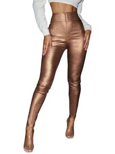 lot 12804 image: MakeMeChic Womens Metallic Faux Leather High Waisted Zipper Front Skinny Pants Leggings Bronze S