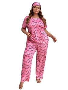 lot 12806 image: Verdusa Womens Plus Size Casual Heart and Letter Graphic Pajama Set with Eye Mask Pink 2XL