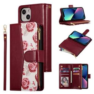 lot 12809 image: UEEBAI Wallet Case for iPhone 13 6.1 inch, PU Leather Flip Case Magnetic Closure Phone Cover Card Slots Zipper Pocket Hand Strap with Unique Roses Design - Red Wine