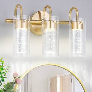 lot 12812 image: MAXvolador 3-Light LED Vanity Light Fixture, 1500Lumen Dimmable Gold Wall Sconce Lighting, Modern Bathroom Wall Lights with Crystal Bubble Glass 21W
