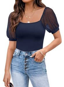 lot 12826 image: DOROSE Womens Summer Tops Sexy Casual Mesh Short Sleeve Shirts Blouses Navy Blue XL