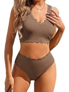 lot 12834 image: ZAFUL High Waisted Bikini for Women V Neck Bikinis Scalloped Swimsuits Ribbed Tankini Sets S