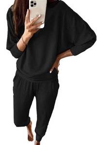 lot 12841 image: PRETTYGARDEN Womens 2024 Fall Fashion Outfits 2 Piece Sweatsuit Solid Color Long Sleeve Pullover Long Pants (Black,Large)