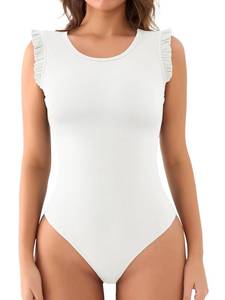 lot 12848 image: OWIN Womens Ruffle Sleeveless Crew Neck Tank Tops Bodysuits Casual Ribbed Stretchy Body Suits White XL