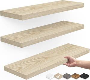lot 12859 image: BAYKA Rustic Wood Floating Shelves, Wall Mounted, Set of 3, 16 Inch, 22 lbs Capacity - For Bathroom, Bedroom, Living Room, Kitchen Storage and Decor