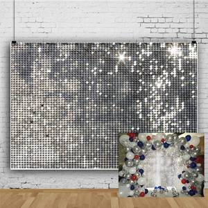 lot 12868 image: YongFoto 6x4ft Discos Party Backdrop Sliver Sequins Photography Background Glitter Halos Wedding Birthday Cake Table Banner 70s Theme Decorations