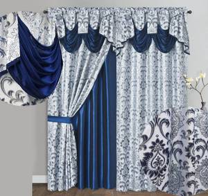 lot 12883 image: GOHD Samba Star. Jacquard Window Curtain Panel Drape with Attached Fancy Valance and Taffeta Backing. 2pcs Set. Each pc 54 Wide x 90 Drop with 18 Valance. (Navy Blue)