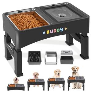 lot 12890 image: 3-in-1 Elevated Dog Bowls, 4 Height Adjustable Raised Dog Bowls with Stainless Steel Dog Food Bowls, Slow Feeder, No Spill Water Bowl, DIY Stickers Foldable Pet Bowl for Medium Large Dogs