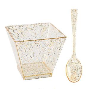 lot 12891 image: I00000 200 Pieces Small Plastic Dessert Cups with Mini Spoons Gold Glitter, Premium Quality, Includes Disposable Square Cups 2 Oz and 100 Pieces Gold Spoons