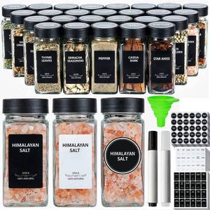 lot 12906 image: JARXSUN 24 Glass Spice Jars with Label-4oz Spice Containers with Black Lids and Shaker Lids,3 Sets of Spice Labels 1 Collapsible Funnel 2 Erasable Markers (24, Black)