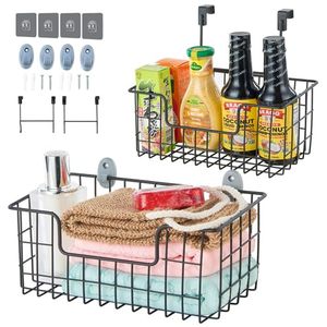 lot 12907 image: Over the Cabinet Door Organizer 2 Pack, Wall Mount Storage Basket,Hanging Storage Wire Basket, Grid Storage Bin Basket with 3 Different Hooks for Kitchen,Pantry Bathroom,Cabinet (2 Pack Black)