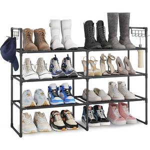 lot 12912 image: Fixwal 4-Tier Shoe Rack for Closet, Metal Shoe Shelf for 16-20 Pairs of Shoes with 2 Hooks, Shoe Organizer Storage for Closet, Entryway, Bedroom, HallwayBlack