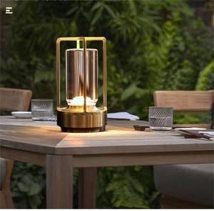lot 12915 image: Portable Metal Table Lamp for IndoorOutdoor ,Rechargeable Cordless LED Lamp, 3-Colour Infinitely Dimming Battery Powered Small Desk Lamp, RestaurantBedroomBarCoffee ShopCamping Light (Gold)