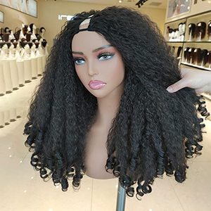 lot 12952 image: New Afro Curly V Part Wig Synthetic Braided Hair Texture with Unique Bouncy Curls in the End 20 Inch Soft Curly Full Hair V Part Wigs Synthetic for Black Women No Leave out Clip in Half Wig