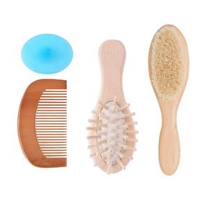 lot 12956 image: 4 Piece Baby Hair Brush Set, Natural Soft Goat Bristles, Prevents & Treats Cradle Cap, Wooden Comb, Baby Brush for Massage, Perfect Baby Registry Gift