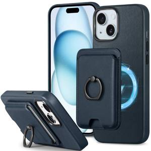 lot 12957 image: SHIELDON Genuine Leather Case for iPhone 15 Plus  Detachable Magnetic Card Holder with Finger Ring Stand Wireless Charging Non-Slip Protective Case Cover Compatible with iPhone 15 Plus - Navy Blue