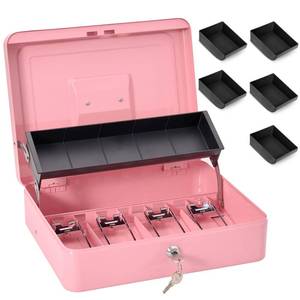 lot 12998 image: Sgorlds Large Locking Cash Box with Key Lock and Money Tray, Portable Metal Cash Boxes for Vendor Events, Money Box for Cash with Cash Tray, Lock Safe Box for Office Small Business, Pink
