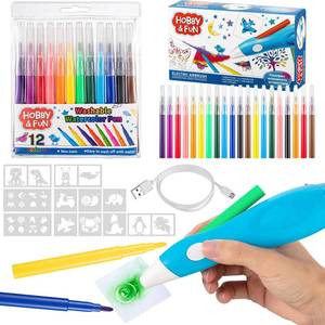 lot 13032 image: Fulmoon Blow Pens for Kids Airbrush Pen Spray Art Graffiti Pen Cordless Electric Airbrush Marker Set with 20 Pcs Washable Refill Pack and Paint Stencils Gift for Kids Painting Drawing Art Craft
